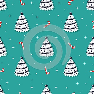 Christmas trees with sugar striped candies seamless vector pattern. Vintage Winter holiday texture for holiday packaging, banners